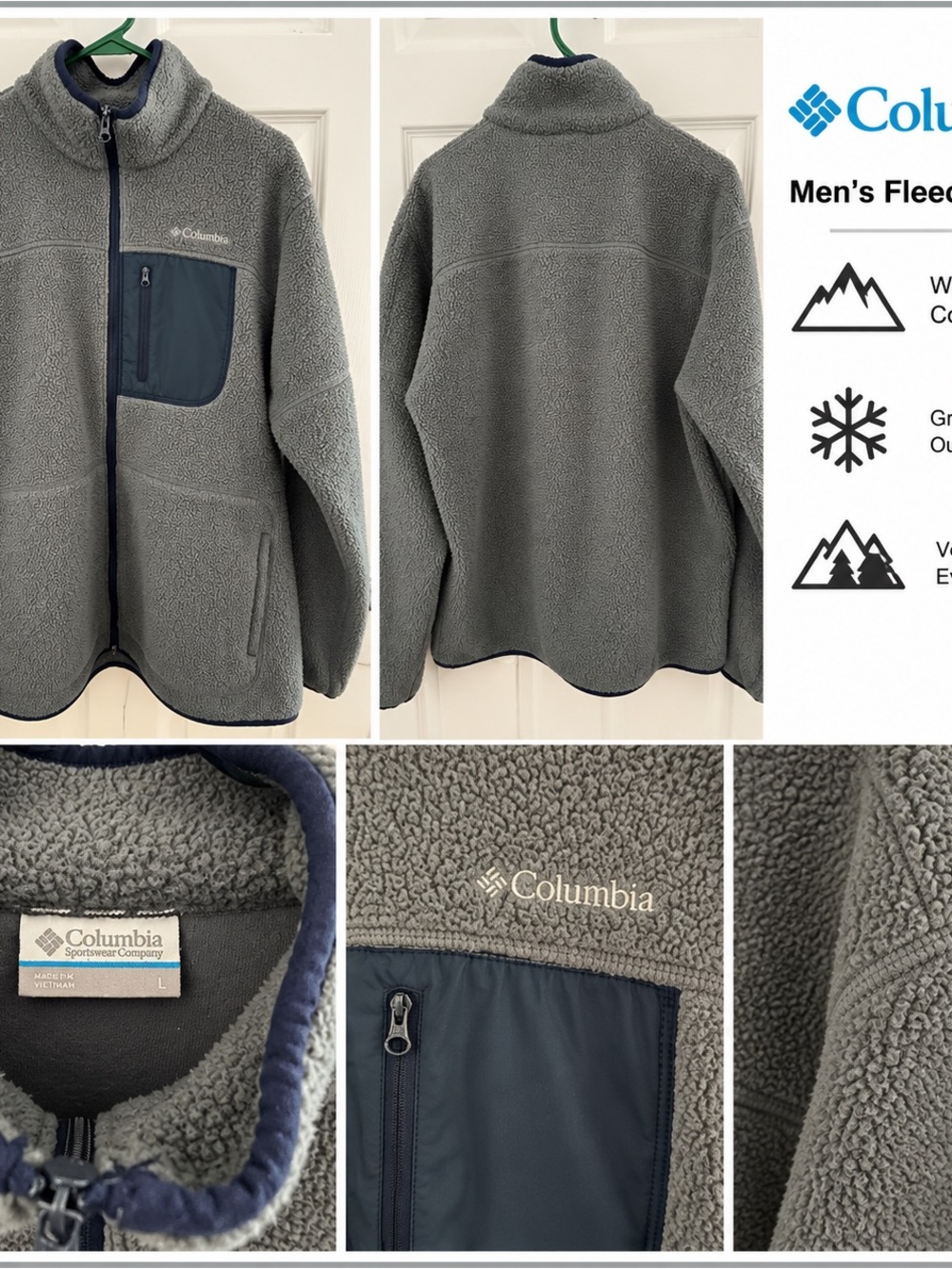 Columbia Men’s Gray Full Zip Fleece Jacket Blue Pocket Size L